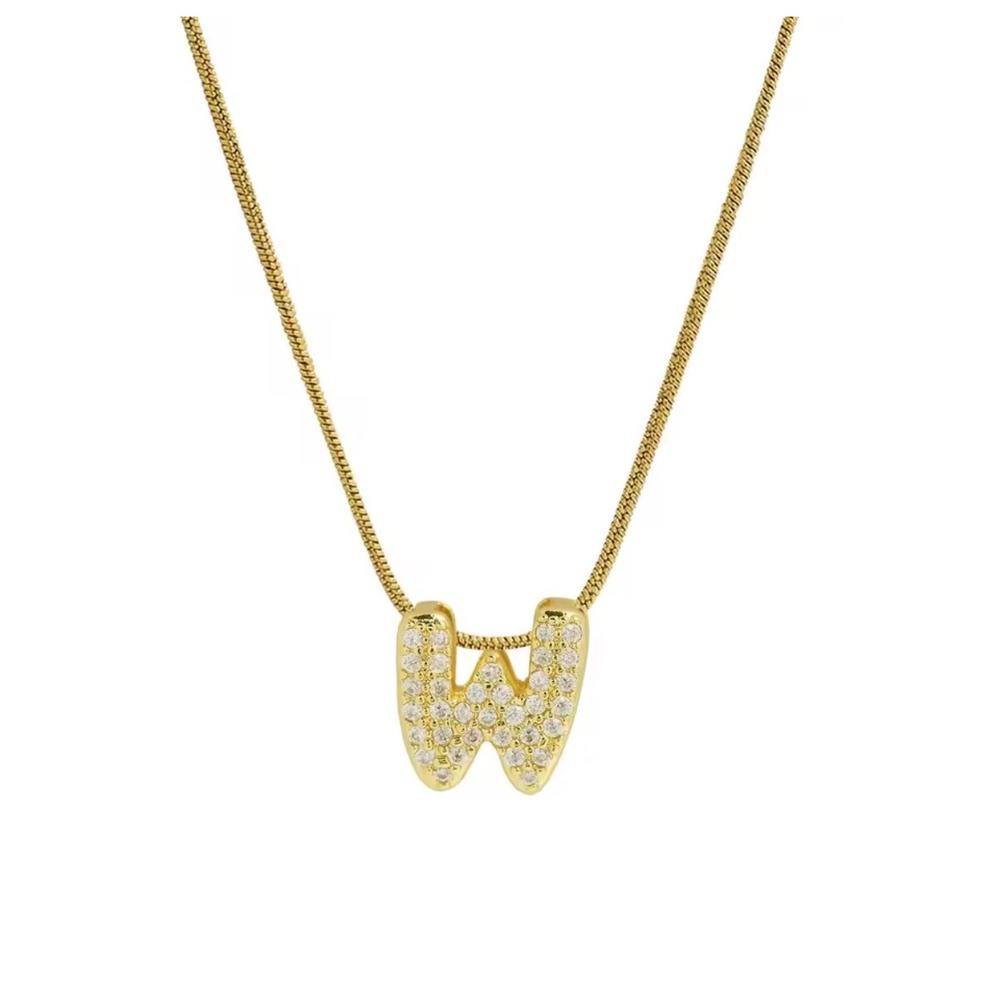 18k Gold Plated Bubble Initial Necklace CZ‎ Pavé Letter Pendant Snake Chain